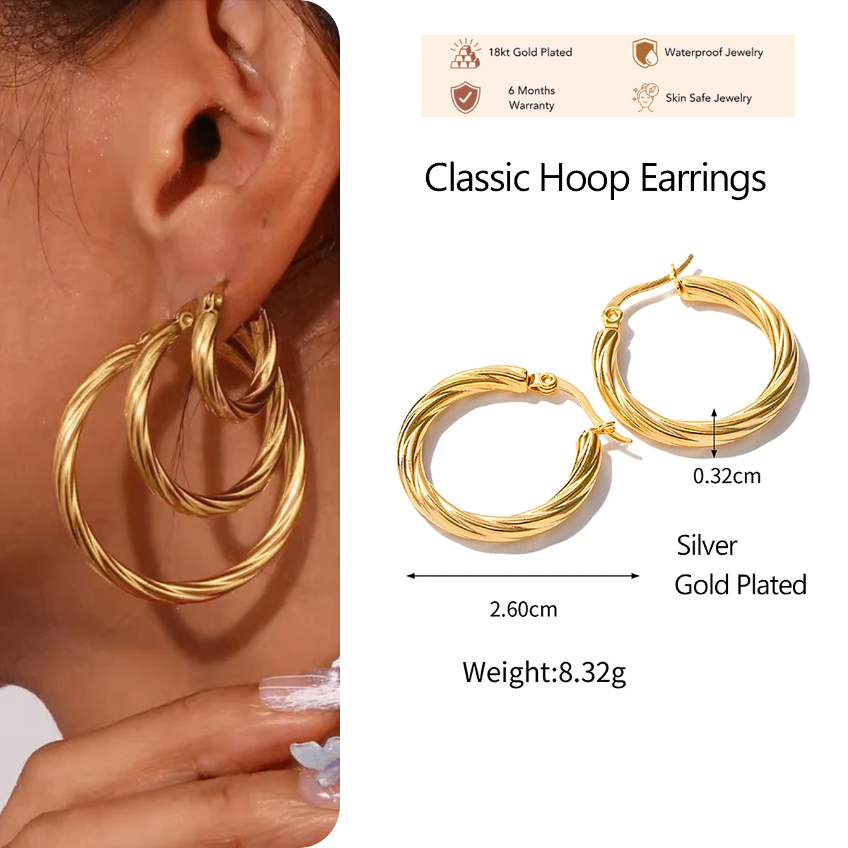 Classic SilverTwisted Gold Plated Hoop Earrings Lightweight & Skin Safe