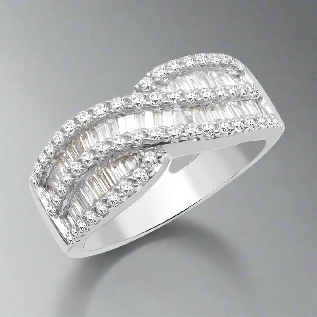 1.00 Carat Natural Baguette and Round Diamond Cross-over Engagement Ring