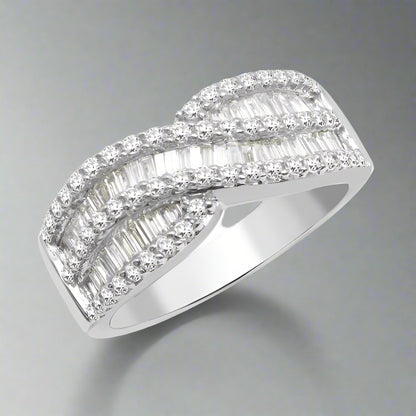 1.00 Carat Natural Baguette and Round Diamond Cross-over Engagement Ring