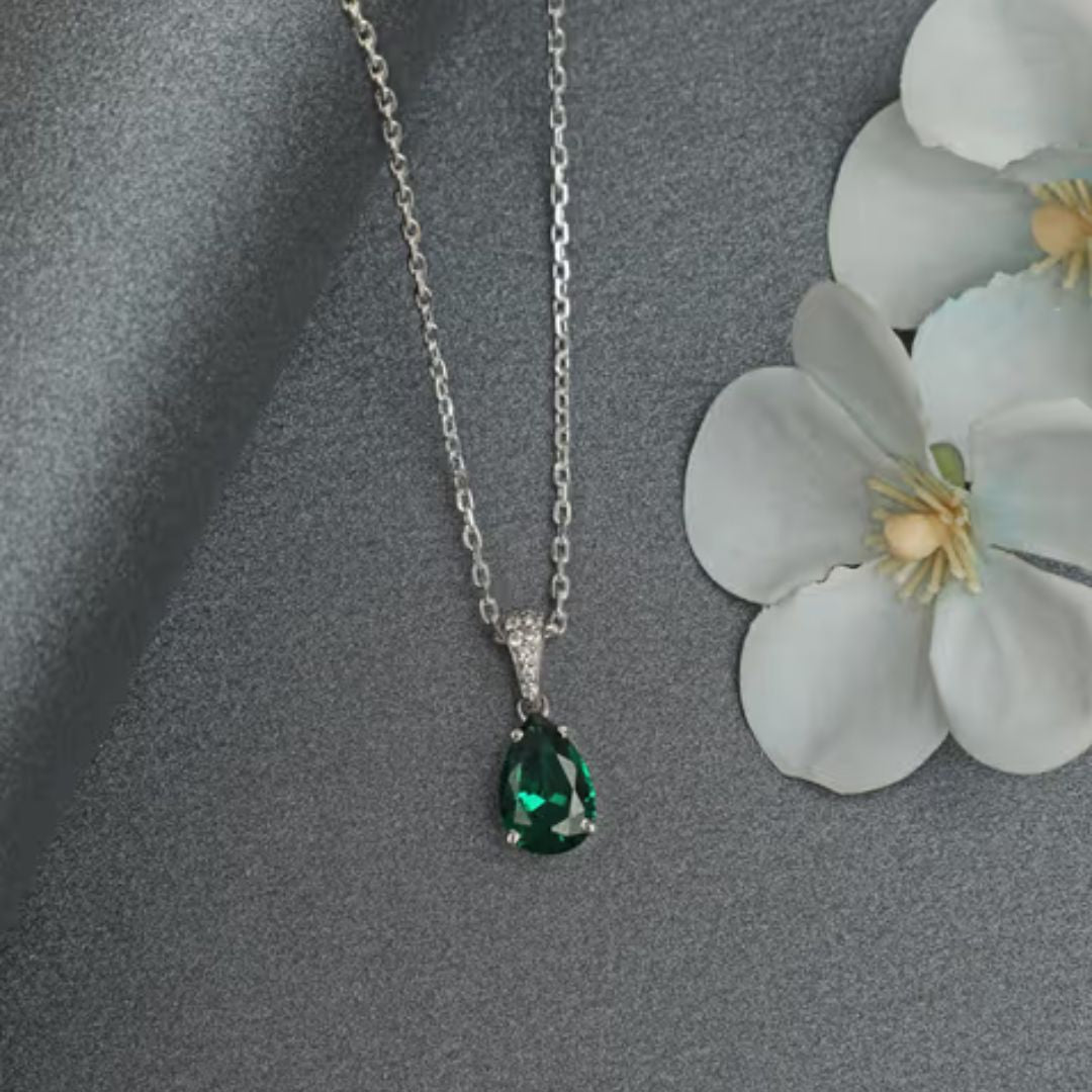 2.40Ct Lab Grown Pear Emerald Solitaire Diamond Pendant in Silver
