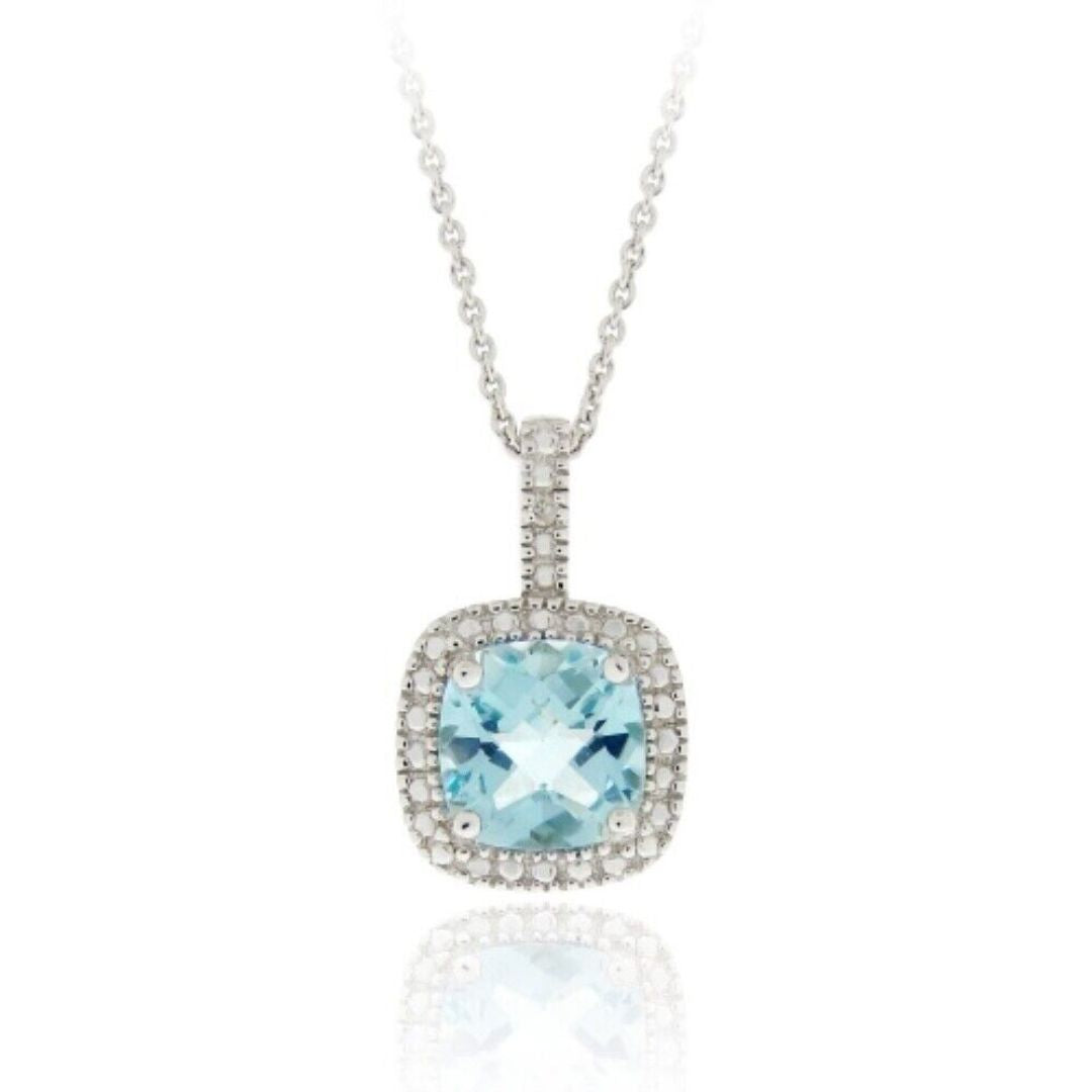 0.20Ct Blue Topaz and Lab Grown Diamond Cushion Solitaire Pendant in Gold