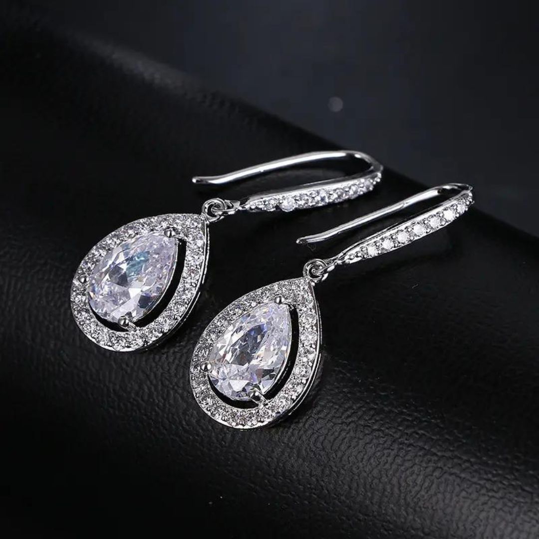 0.20Ct Lab Grown Diamond Pear Halo Dangle Drop Earrings in Silver