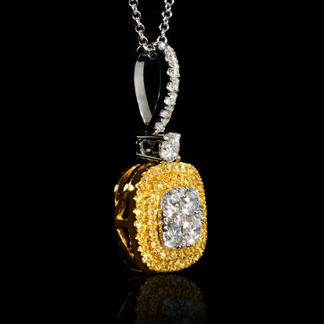 0.82Ct Lab Grown Diamond Round Yellow Halo Pendant Necklace in White Gold