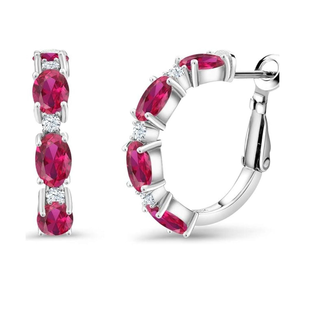 0.16Ct Lab Grown Diamond and Oval Ruby Huggie Hoop Studs Earring in Gold