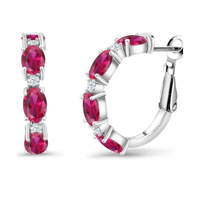 0.16Ct Lab Grown Diamond and Oval Ruby Huggie Hoop Studs Earring in Gold