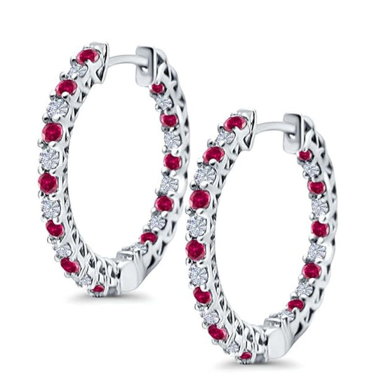 Silver Hoop Ruby and Lab Grown Diamond Earring