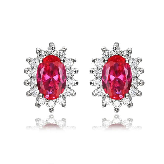 Ruby Oval Solitaire Lab Grown Diamond Cluster Studs Earring in White Gold