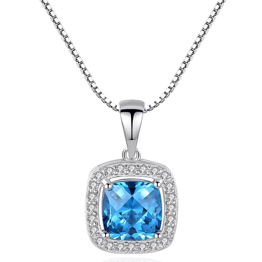 2.15Ct Blue Topaz and Lab Diamond Solitaire Cushion Necklace Pendant in Gold