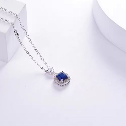 2.16Ct Lab Sapphire and Round Diamond Solitaire Halo Pendant in Silver
