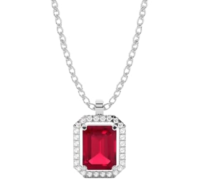 0.16Ct Lab Ruby And Diamond Halo Octagon Cut Necklace In Silver