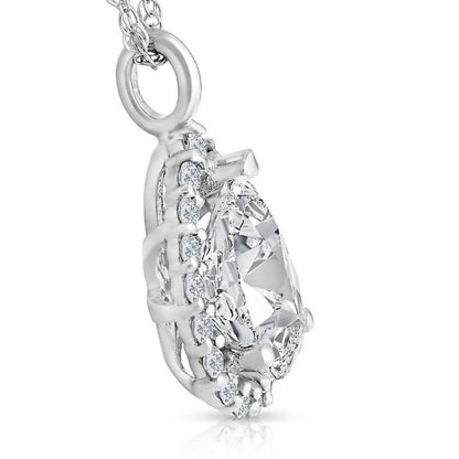 0.10Ct Pear Lab Grown Diamond Halo Pendant Necklace in White Gold