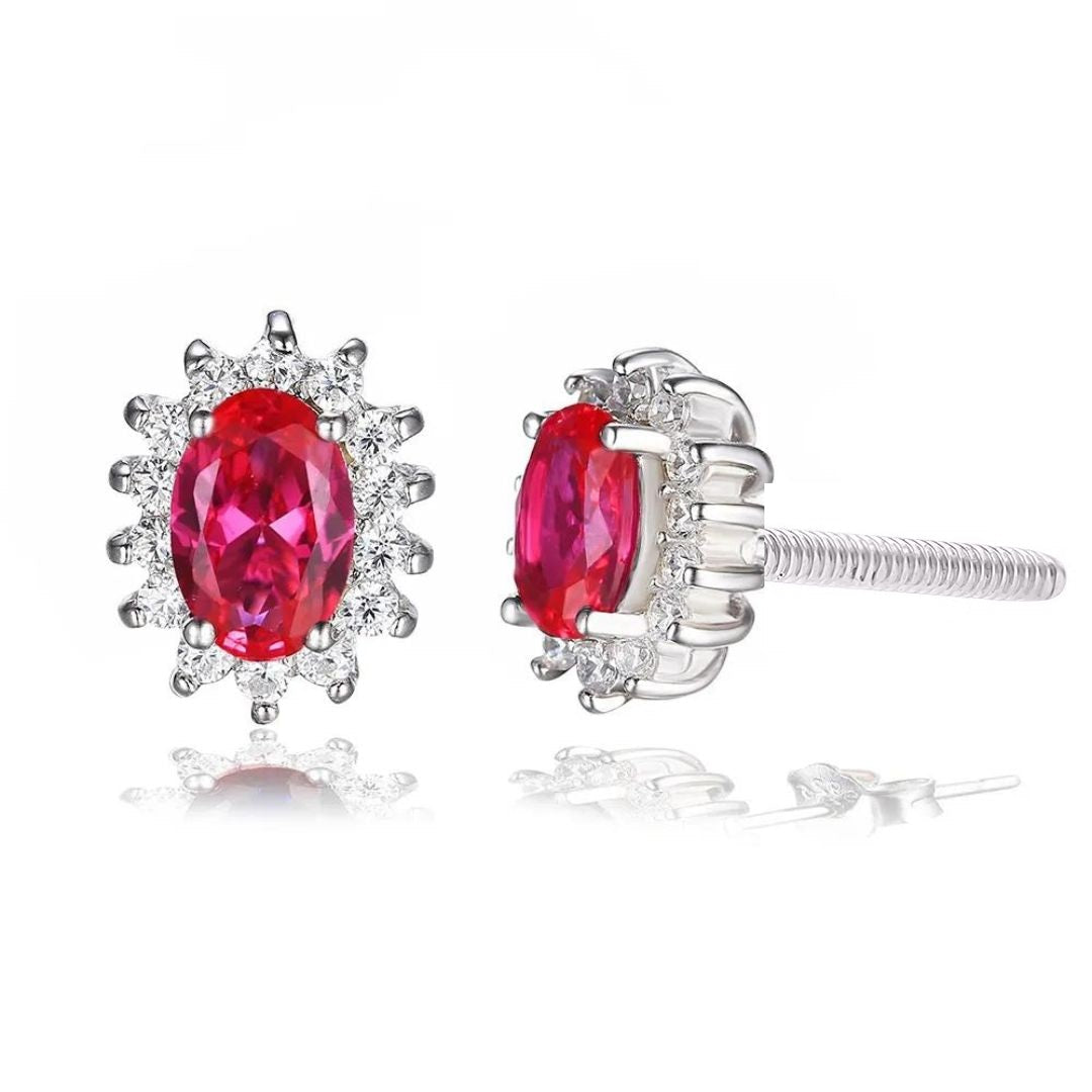 0.50Ct Ruby Oval Solitaire Lab Grown Diamond Cluster Studs Earring in Gold