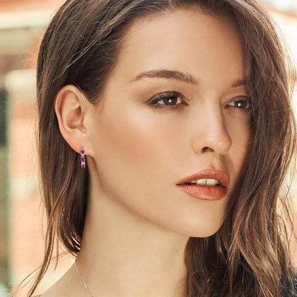 0.16Ct Lab Grown Diamond and Oval Ruby Huggie Hoop Studs Earring in Gold