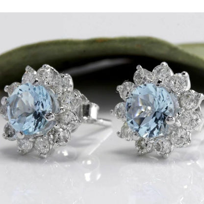 0.50Ct Lab Grown Round Aquamarine Cluster Studs Earring in White Gold