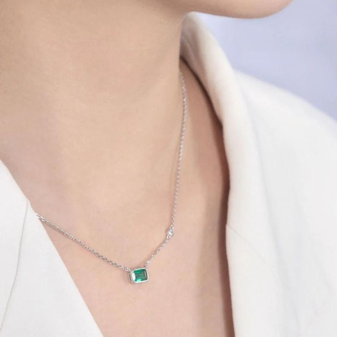 1.50Ct Solitaire Emerald Lab Grown Diamond Bezel Set Pendant Necklace in Silver