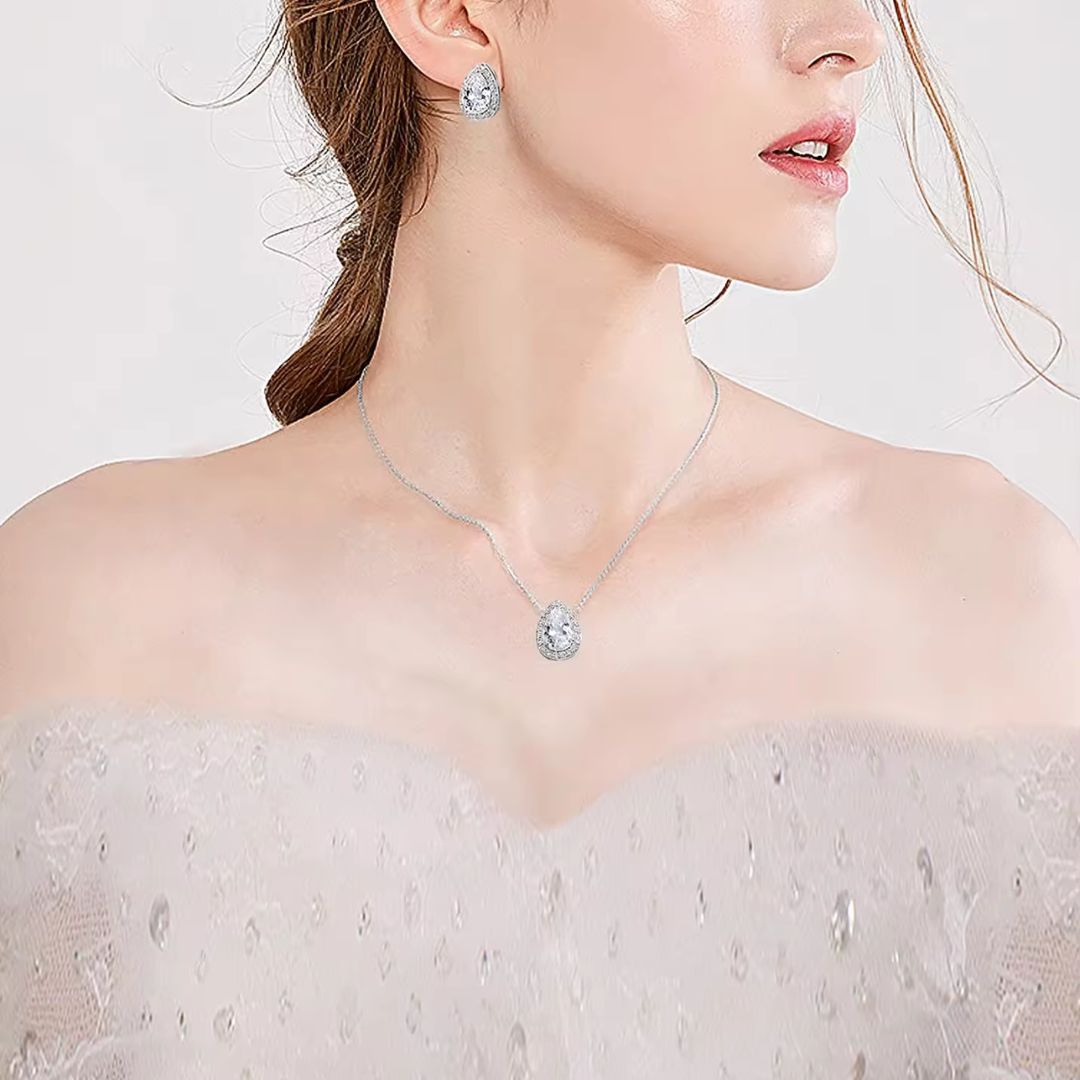 Lab Grown Diamond 0.10Ct Pear Solitaire Halo Pendant Necklace in White Gold