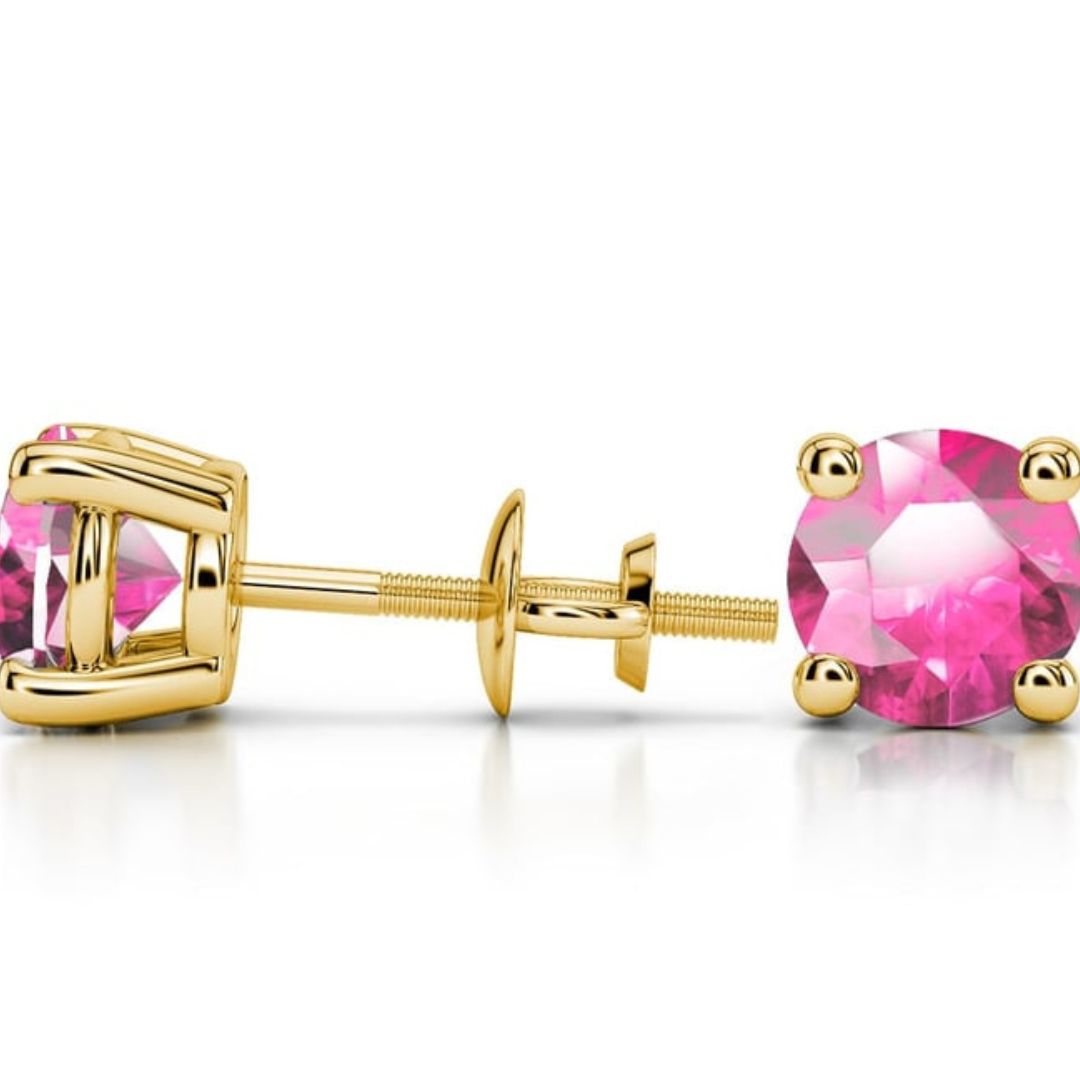 0.45Ct Sapphire Pink Round Solitaire Studs Earring in Yellow Gold