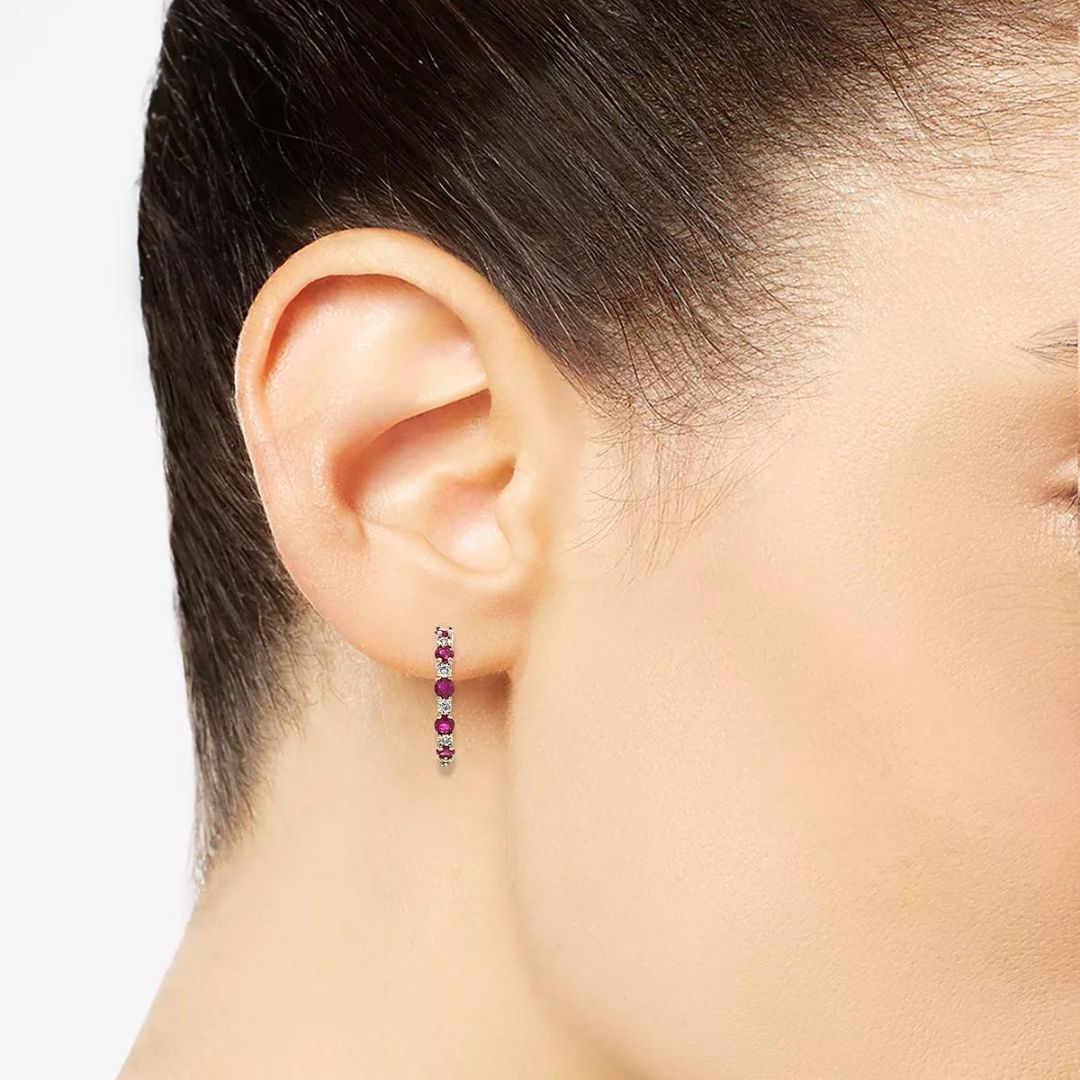 0.92Ct Lab Grown and Ruby Diamond Hoop Earring in Yellow Gold