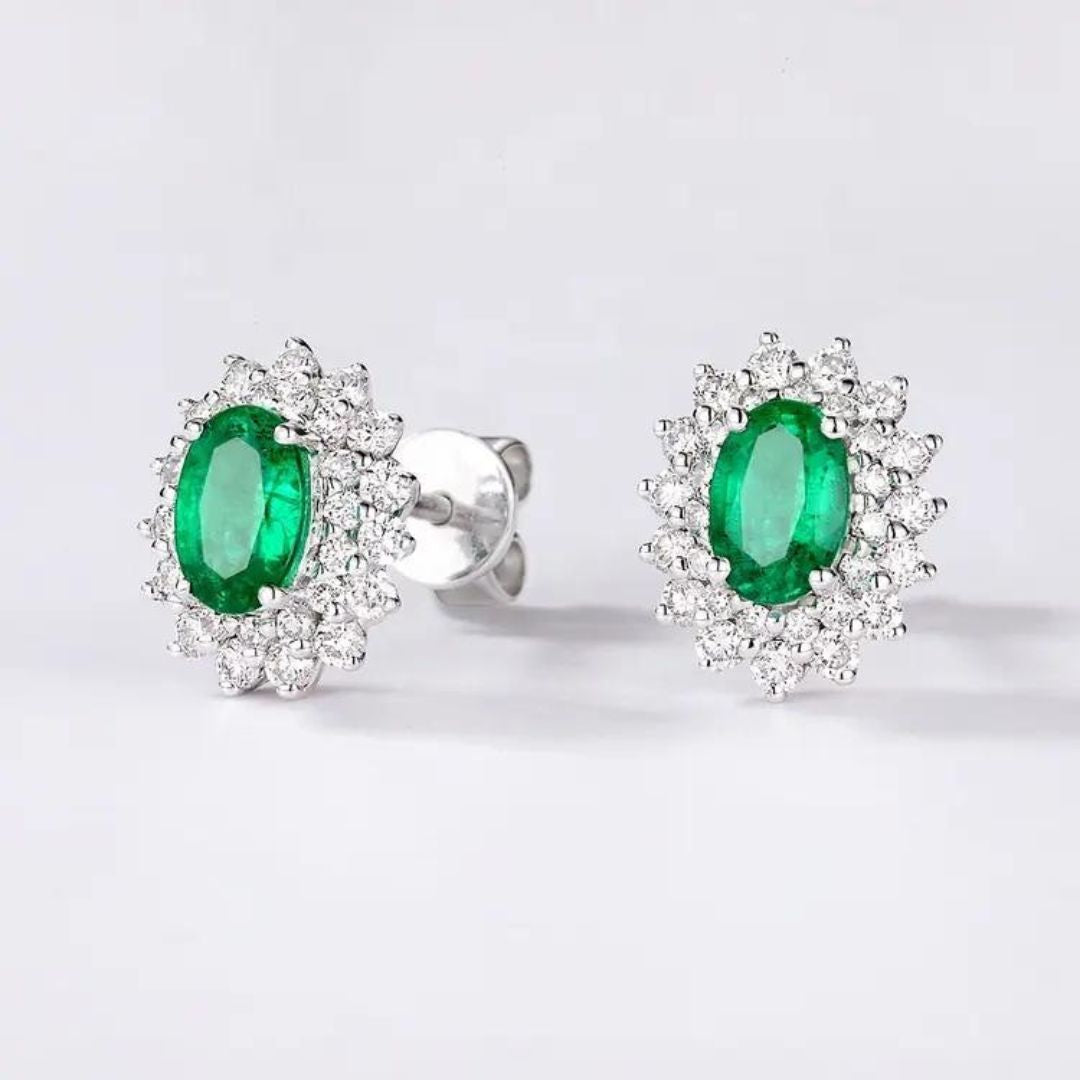 0.50Ct Lab Emerald Lab Diamond Cluster Studs Earrings In White Gold