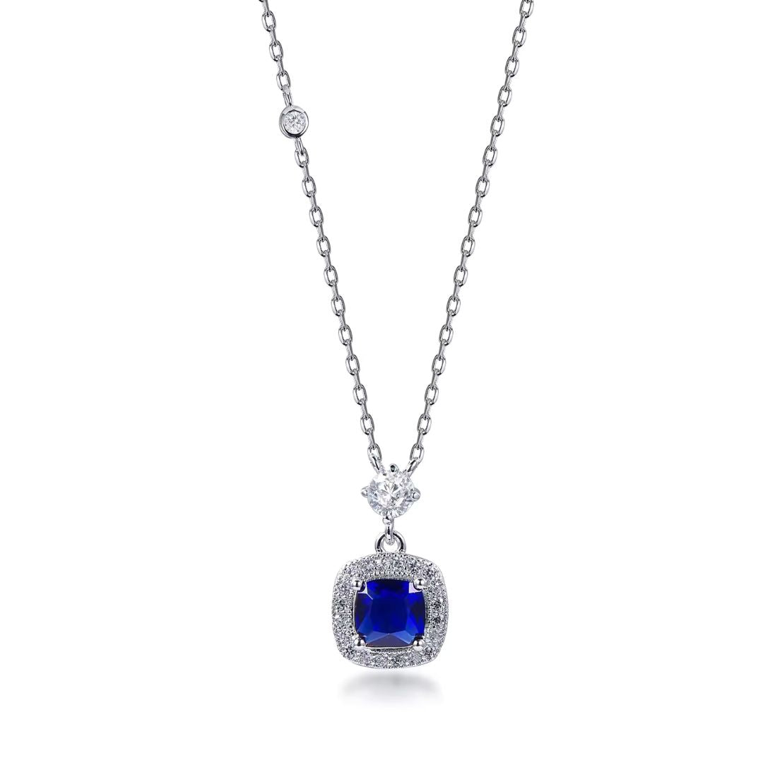 2.16Ct Lab Sapphire and Round Diamond Solitaire Halo Pendant in Silver