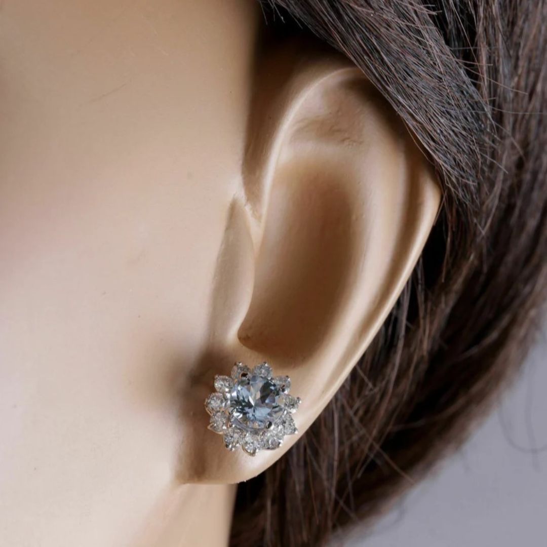0.50Ct Lab Grown Round Aquamarine Cluster Studs Earring in White Gold