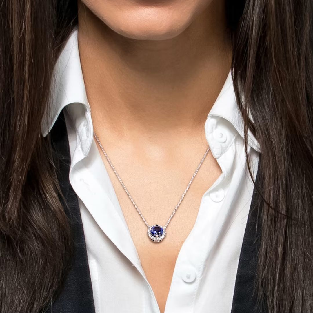 3.70Ct Round Lab Grown and Sapphire Diamond Necklace Pendant in Silver