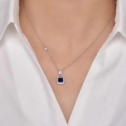 2.16Ct Lab Sapphire and Round Diamond Solitaire Halo Pendant in Silver