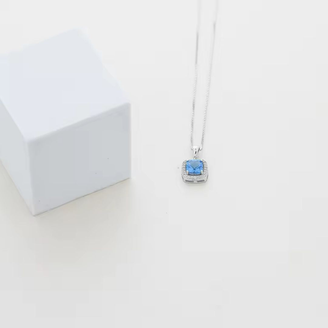 2.15Ct Blue Topaz and Lab Diamond Solitaire Cushion Necklace Pendant in Gold