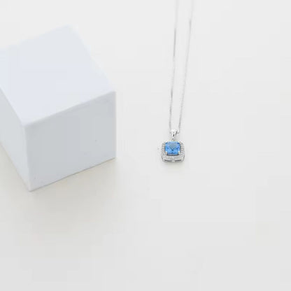 2.15Ct Blue Topaz and Lab Diamond Solitaire Cushion Necklace Pendant in Gold