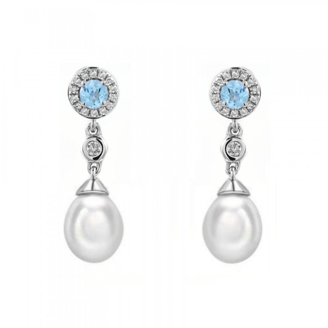 0.32Ct Round and Diamond Pearl Drop Earring Studded with Blue Topaz in Gold