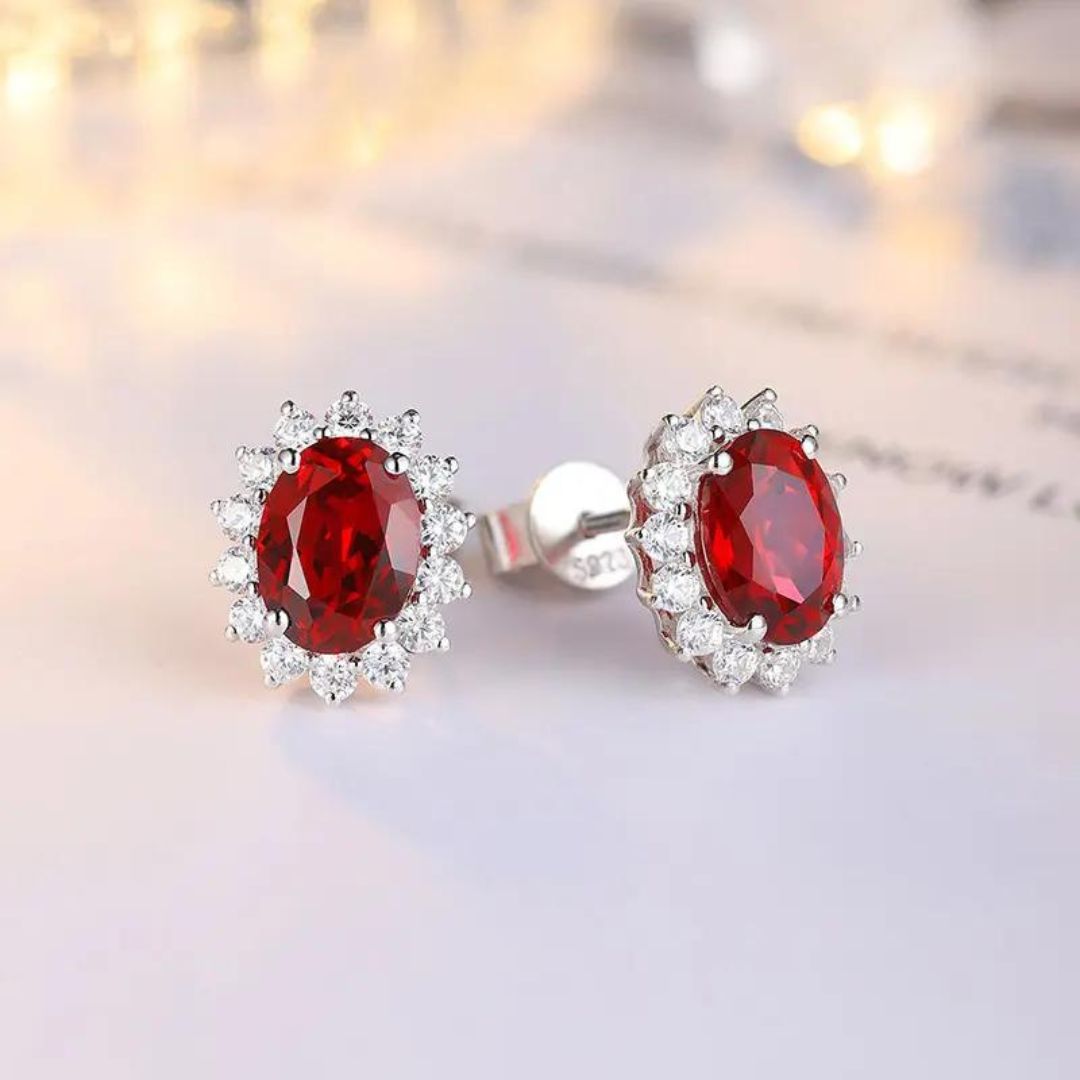 Ruby Oval Solitaire Lab Grown Diamond Cluster Studs Earring in Silver